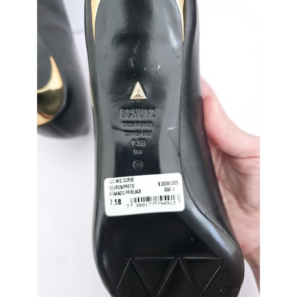 Schutz Lou Mid Curve Black Gold Kitten Heel Pointed Toe Leather Pump Shoes 7.5 - Picture 11 of 12